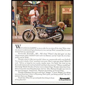1975 Kawasaki 900 Motorcycle Vintage Print Ad Travel Agency Downtown Wall Art